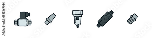 Pneumatic and Hydraulic Fittings and Components Icon Set