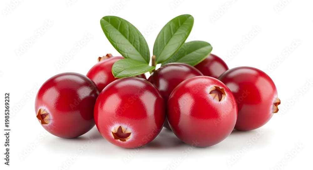Obraz premium Fresh cranberries with green leaves on a white background
