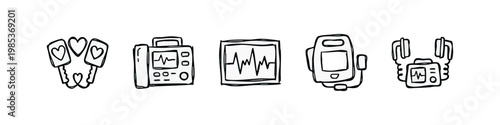 Colorful doodle icons of medical cardiology equipment: defibrillator paddles, AED, ECG monitor, and Holter monitor.
