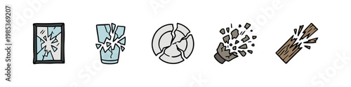 Set of doodle icons illustrating various broken and shattered items: a mirror, glass, plate, debris, and a wooden plank.