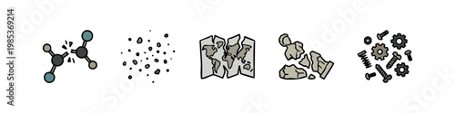 Icons of breakage, damage, and mechanical components: broken molecule, debris, shattered world map, landmass, gears.