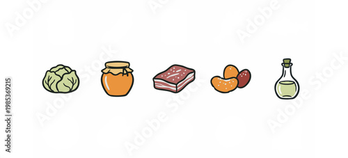 Assorted fresh and pantry food doodle icons: cabbage, honey jar, bacon, eggs, and an oil bottle.
