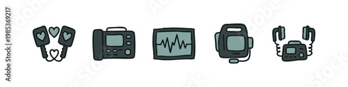 Monochromatic doodle icons representing medical cardiology devices: defibrillator paddles, AED, ECG monitor, and Holter monitor.