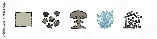 Icons of disruption, destruction, and fragmentation: ripped paper, scattered puzzle, atomic explosion, crystals, broken wood.