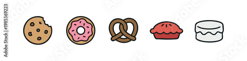 Assorted sweet baked treats icon set: bitten chocolate chip cookie, donut, pretzel, pie, and marshmallow.