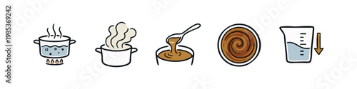 Cooking processes and kitchen liquids icon set: pot with boiling water, steam, sauce, swirl, and decreasing volume.