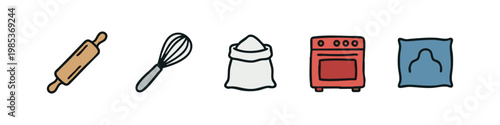 Baking tools and kitchen essentials icon set: rolling pin, whisk, bag of flour, oven, and pillow.