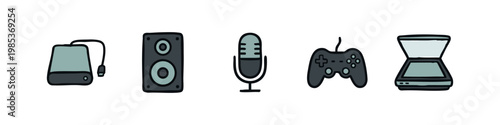Computer accessories and entertainment devices icon set: external hard drive, speaker, microphone, gamepad, scanner.