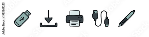 Digital data, connectivity, and computer peripheral icons: USB drive, download, printer, USB cable, stylus pen.
