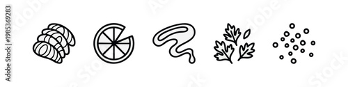 Outline food garnishes and ingredients icon set: sliced fish, lemon, sauce, parsley, and pepper grains.