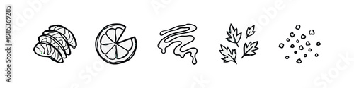 Monochrome food garnishes and ingredients outline icon set: sliced fish, lemon, sauce, parsley, and salt grains.
