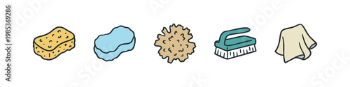 Household cleaning supplies and tools icon set: yellow sponge, blue sponge, natural sponge, scrub brush, and cleaning cloth.