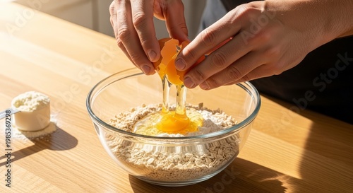 Hands cracking egg into oatmeal bowl.