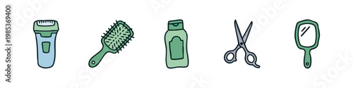 Vector icons depicting various hair care and personal grooming tools for daily routine.