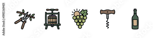 Vector icons illustrating the process and tools of winemaking, from pruning to bottling.