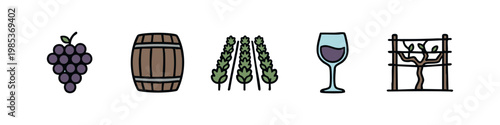 Hand-drawn vector icons related to winemaking, including grapes, wine barrels, and vineyards.