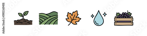 Hand-drawn vector icons representing agricultural elements, nature, and grape harvesting.