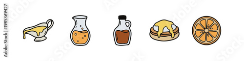 Set of 5 hand-drawn breakfast condiment and ingredient icons: gravy boat, orange juice, maple syrup, pancakes, and orange slice.