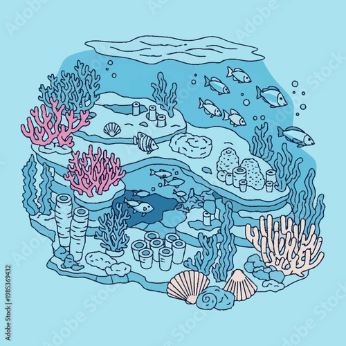 Vibrant underwater ocean scene with coral reef.