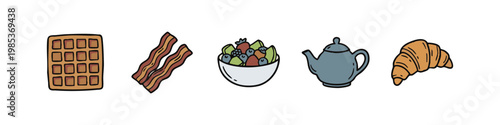 Set of 5 hand-drawn breakfast meal icons: waffle, bacon, fruit salad, teapot, and croissant on a white background.