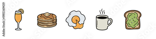 Set of 5 hand-drawn breakfast food and drink icons, including mimosa, pancakes, fried egg, coffee, and avocado toast.