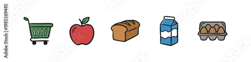Set of 5 hand-drawn grocery shopping icons: shopping cart, apple, bread, milk carton, and egg carton on white background.