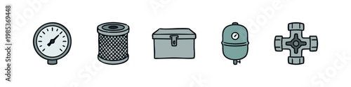 Set of 5 hand-drawn industrial and mechanical icons: pressure gauge, filter, toolbox, expansion tank, and pipe fitting.