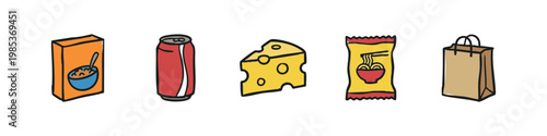 Set of 5 hand-drawn grocery item icons: cereal box, soda can, cheese, instant noodles, and paper shopping bag.