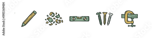 Set of 5 hand-drawn woodworking and carpentry icons: pencil, wood shavings, spirit level, screws, and c-clamp.