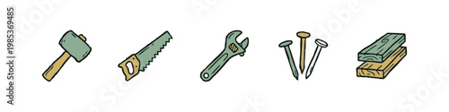 Set of 5 hand-drawn woodworking and carpentry tools: mallet, hand saw, wrench, nails, and wood planks on white.