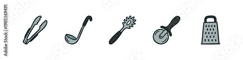 Set of 5 hand-drawn kitchen utensil icons: tongs, ladle, pasta server, pizza cutter, and box grater on white.