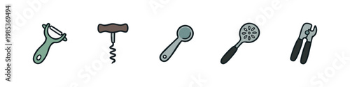Set of 5 hand-drawn kitchen utensil icons: peeler, corkscrew, slotted spoon, skimmer, and nutcracker on white.