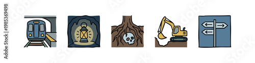 Set of 5 hand-drawn underground and excavation icons: subway train, lantern, skull, excavator, and signpost.