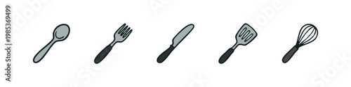 Set of 5 hand-drawn kitchen utensil icons: spoon, fork, knife, spatula, and whisk on a white background.