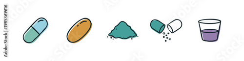 Medical and pharmaceutical hand-drawn icons featuring pills, capsules, powder, and liquid medicine