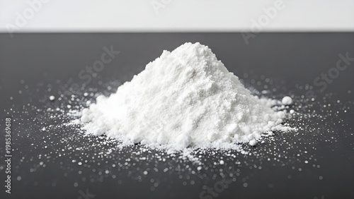 A pile of white powder sits on a dark surface with scattered particles.
