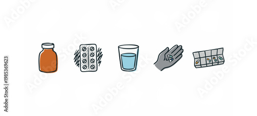 Hand-drawn medical and healthcare icons with pills, blister pack, and water for daily dosage