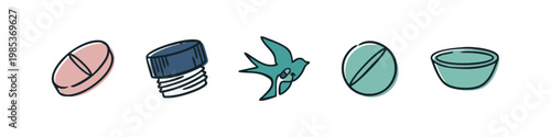 Various hand-drawn medical and nature-inspired icons including pills, bottle cap, and a bird