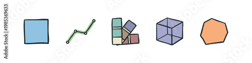 Hand-drawn geometric shapes and data visualization icons for design and analytics concepts