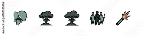 Danger, conflict, and information related hand-drawn icons including mushroom clouds and listening ear