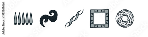 Abstract and decorative hand-drawn icons including spikes, swirls, double helix, and ornate frame