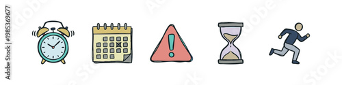 Time, warning, and urgency hand-drawn icons including an alarm clock, calendar, and runner