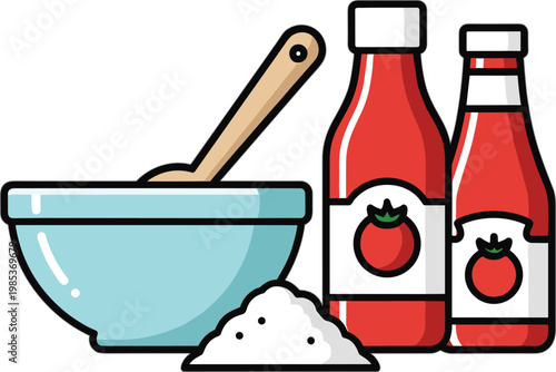 Kitchen Condiments Set with Tomato Ketchup Bottles, Bowl, and Salt, Ideal for Food and Cooking-Themed Graphics