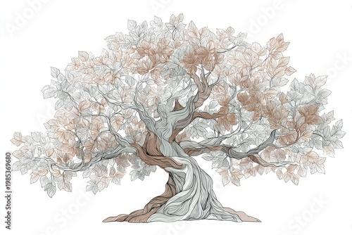 Ancient Olive Tree with Textured Bark and Full Canopy of Leaves in Shades of Brown and White Against a Clean White Background