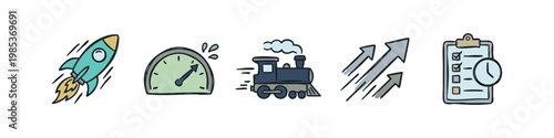 Hand-drawn set of business growth and productivity icons including rocket, speedometer, train, arrows, and checklist.