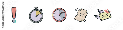 Hand-drawn icons for attention, urgency, communication, and information processing