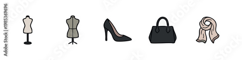 Hand-drawn set of fashion, accessories, and retail icons featuring mannequins, high heel, handbag, and scarf.