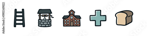 Essential hand-drawn icons: ladder, water well, school, cross, and bread loaf.