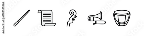 Clean line art music icons: conductor's baton, musical score, cello scroll, trombone, and drum.