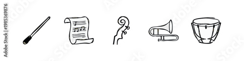 Hand-drawn music and orchestra icons: conductor's baton, musical score, cello, trombone, and drum.